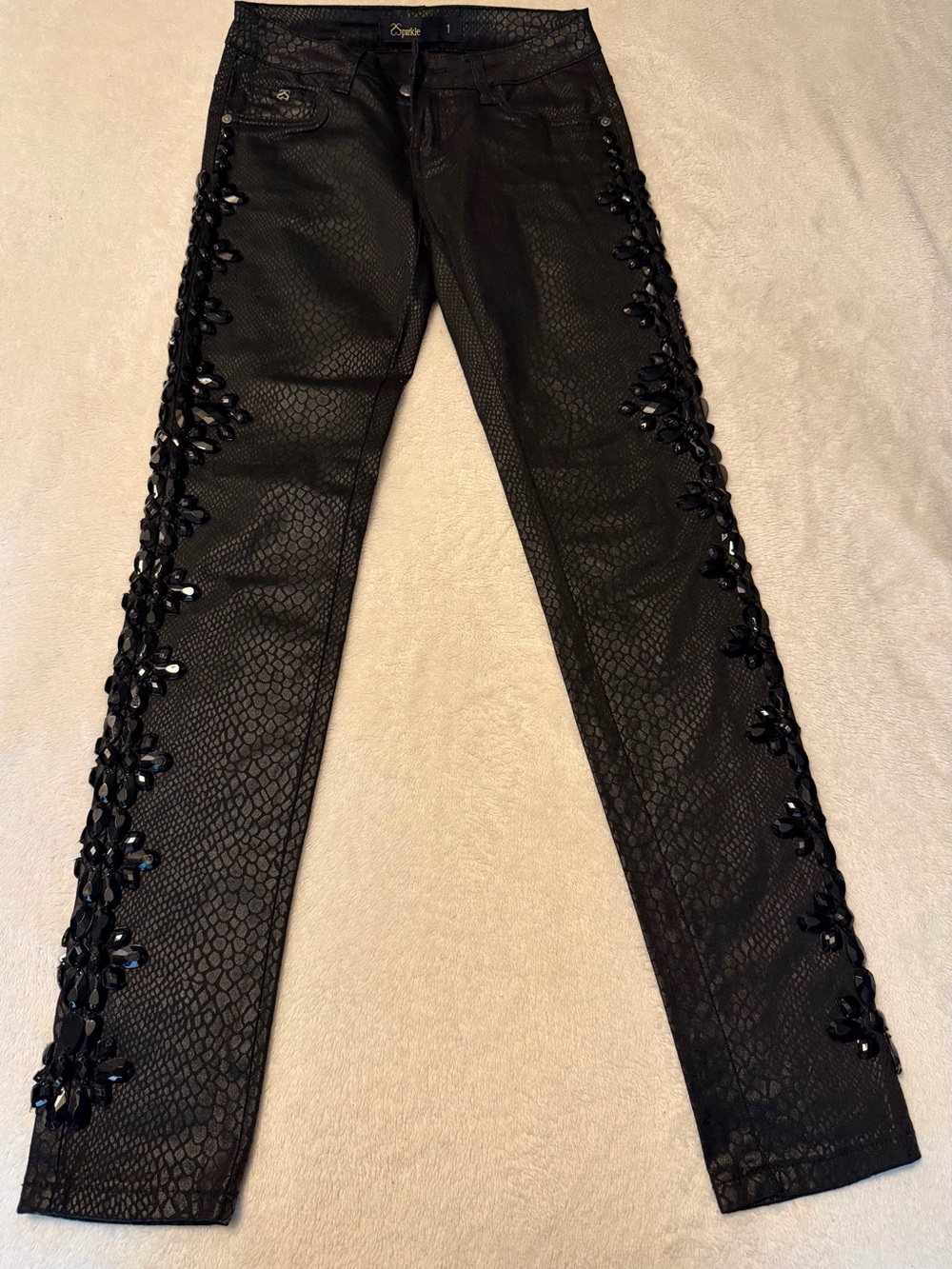 Black Embellished Snake-Texture Skinny Jeans